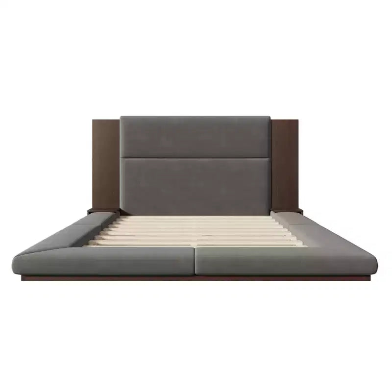 Queen/King Size Floor Upholstered Platform Bed Frame with Upholstered Headboard and Bedside Table, No Box Spring Needed, Grey