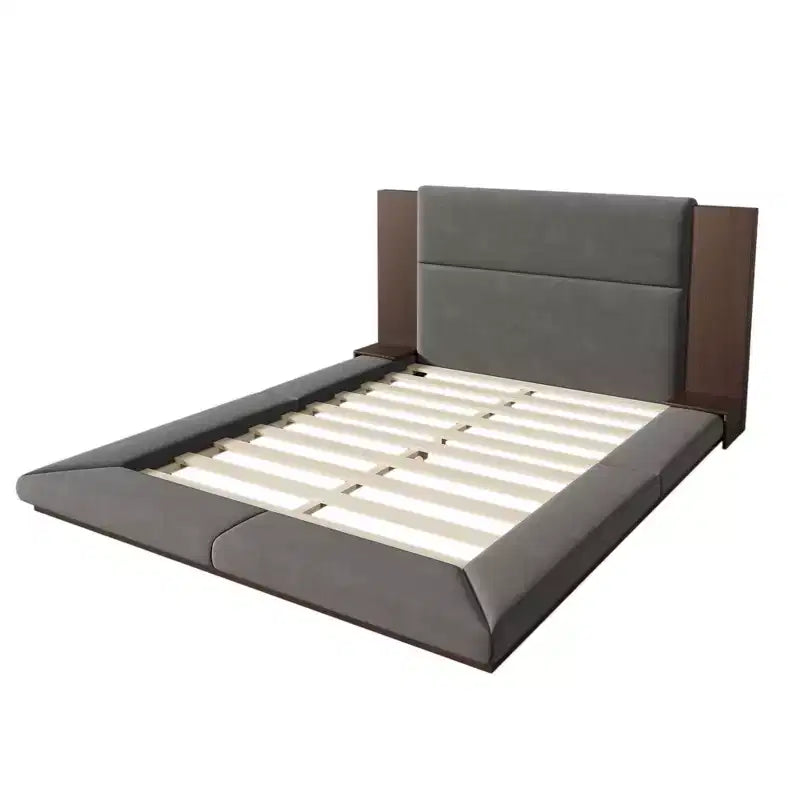 Queen/King Size Floor Upholstered Platform Bed Frame with Upholstered Headboard and Bedside Table, No Box Spring Needed, Grey