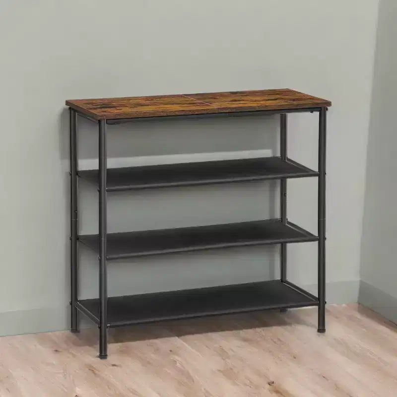 Industrial Style 4-Tier Shoe Storage Rack with Fabric Shelves and Wooden Top - Space-Saving Shoe Organizer for Entryway