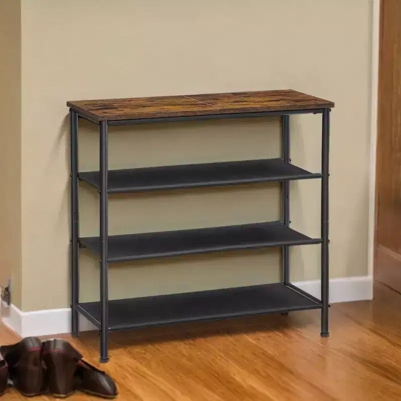 Industrial Style 4-Tier Shoe Storage Rack with Fabric Shelves and Wooden Top - Space-Saving Shoe Organizer for Entryway