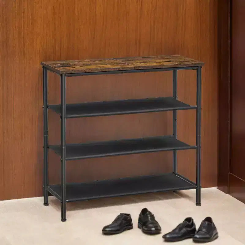 Industrial Style 4-Tier Shoe Storage Rack with Fabric Shelves and Wooden Top - Space-Saving Shoe Organizer for Entryway