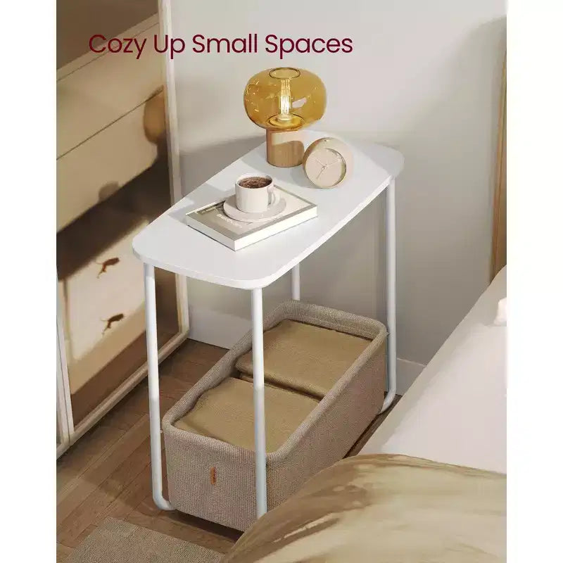 Modern Nightstand with Fabric Basket Small Bedside Table, End Table, Rectangular Side Table for Living Room, Bedroom Matte White and Camel Brown