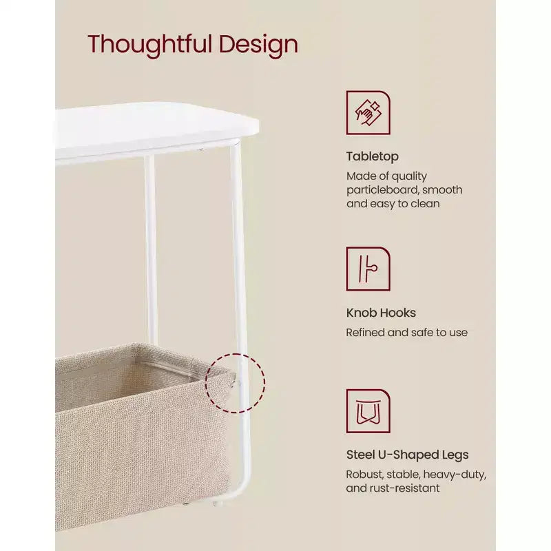 Modern Nightstand with Fabric Basket Small Bedside Table, End Table, Rectangular Side Table for Living Room, Bedroom Matte White and Camel Brown