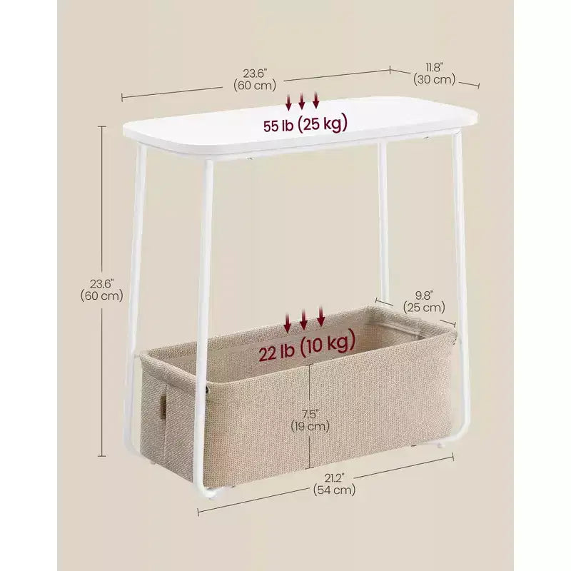 Modern Nightstand with Fabric Basket Small Bedside Table, End Table, Rectangular Side Table for Living Room, Bedroom Matte White and Camel Brown