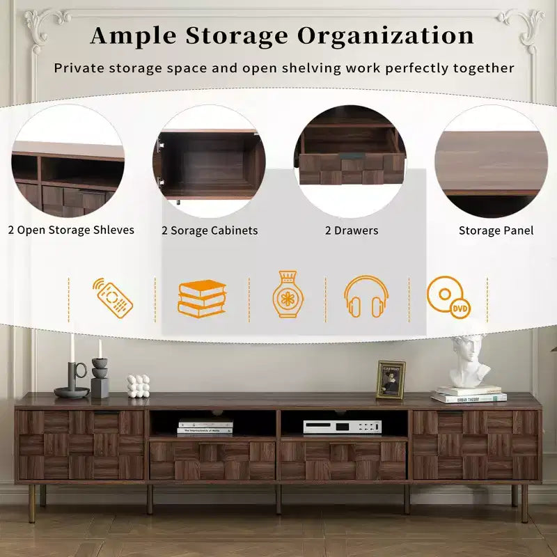 Mid Century TV Stand with 2 Drawers, Media Console Table for TVs up to 85", Entertainment Center with 2 Storage Cabinets, Dark Brown