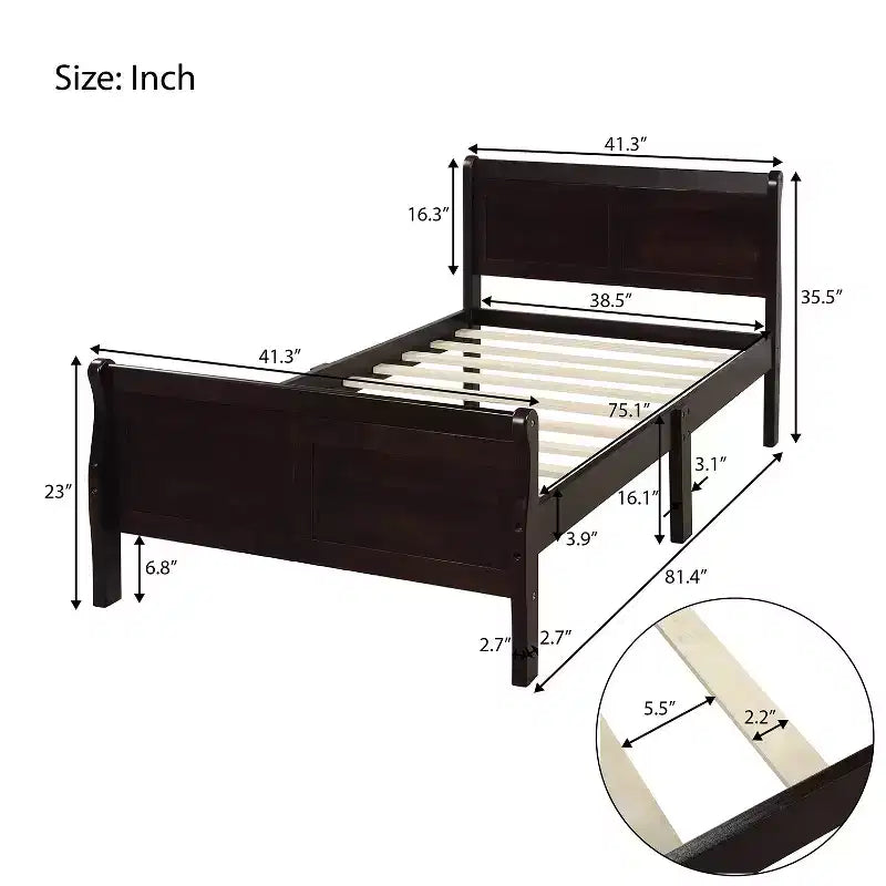 Wood Platform Bed Frame with Sleigh Design, Headboard, Footboard, and Sturdy Slat Support