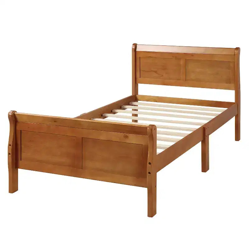 Wood Platform Bed Frame with Sleigh Design, Headboard, Footboard, and Sturdy Slat Support