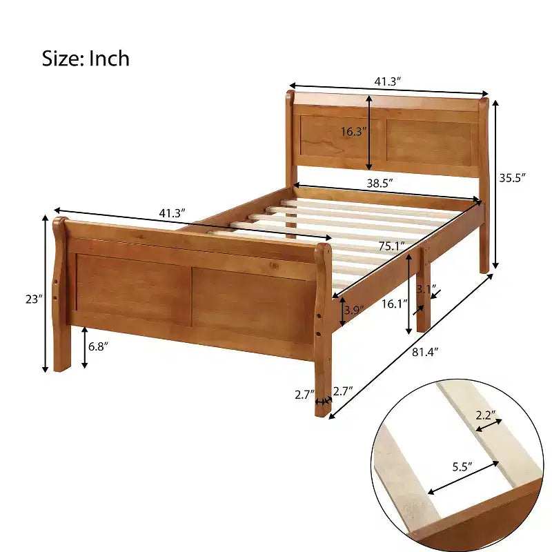 Wood Platform Bed Frame with Sleigh Design, Headboard, Footboard, and Sturdy Slat Support