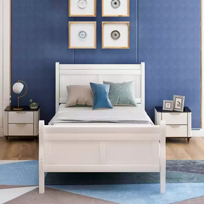 Wood Platform Bed Frame with Sleigh Design, Headboard, Footboard, and Sturdy Slat Support