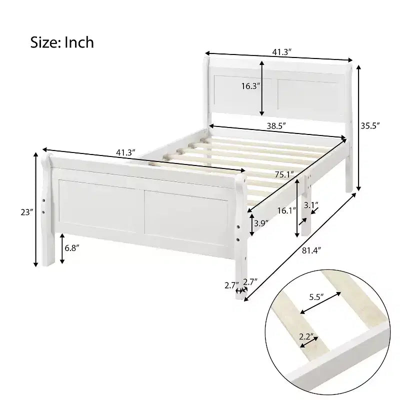 Wood Platform Bed Frame with Sleigh Design, Headboard, Footboard, and Sturdy Slat Support