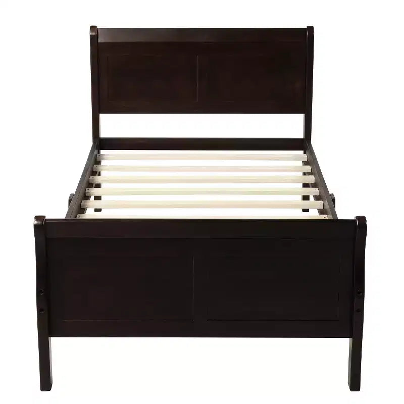Wood Platform Bed Frame with Sleigh Design, Headboard, Footboard, and Sturdy Slat Support