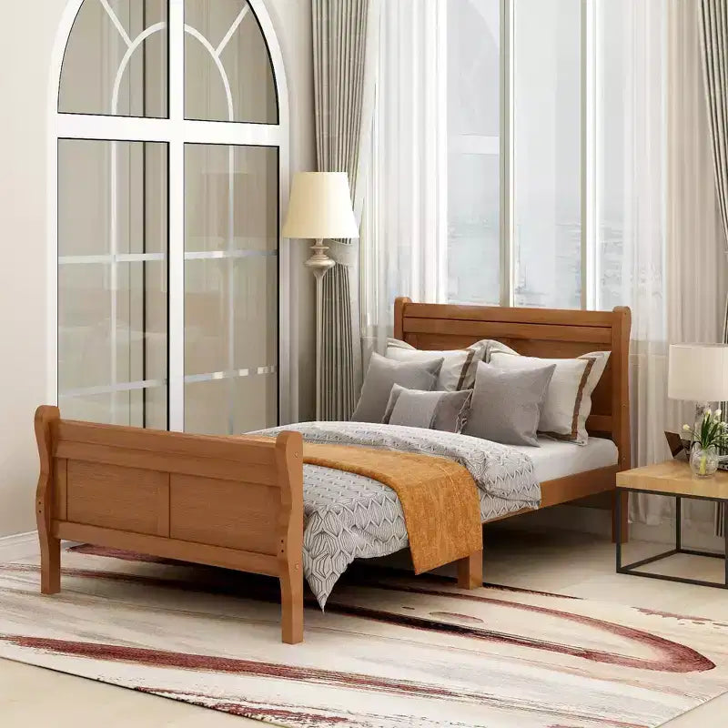 Wood Platform Bed Frame with Sleigh Design, Headboard, Footboard, and Sturdy Slat Support