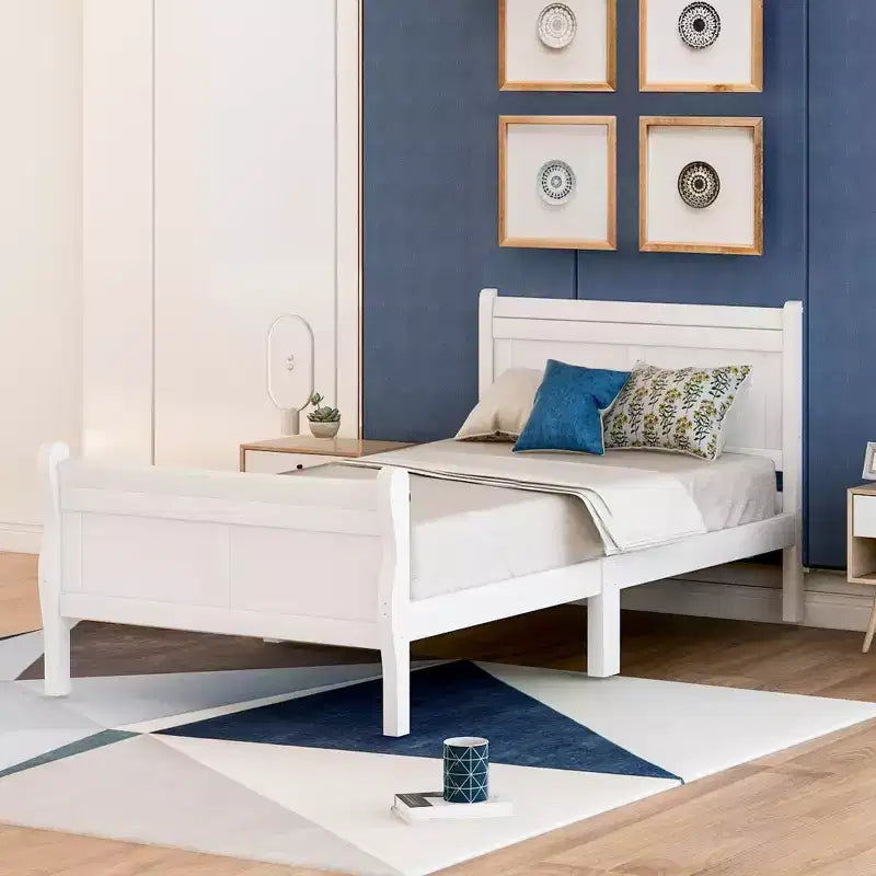 Wood Platform Bed Frame with Sleigh Design, Headboard, Footboard, and Sturdy Slat Support