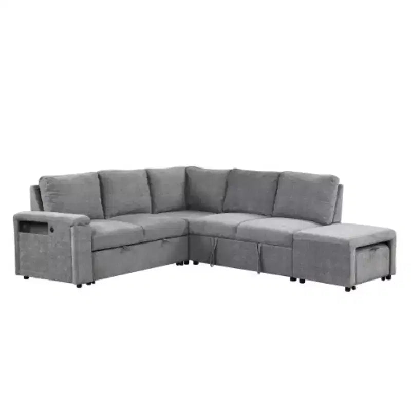 L-shaped Padded Modular Sofa with Storage Space, USB Ports, and Cup Holders on the Armrests, Suitable for Living Rooms, Offices, and Apartments.