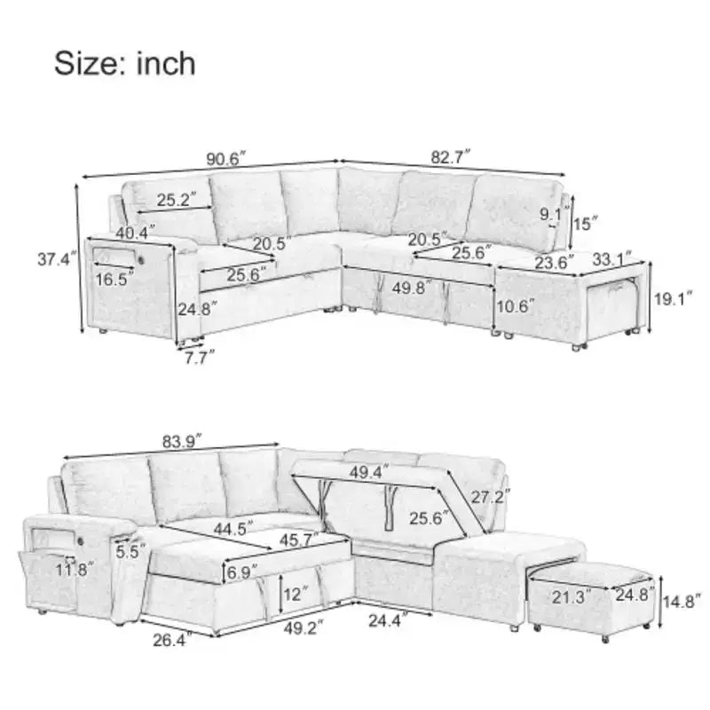 L-shaped Padded Modular Sofa with Storage Space, USB Ports, and Cup Holders on the Armrests, Suitable for Living Rooms, Offices, and Apartments.