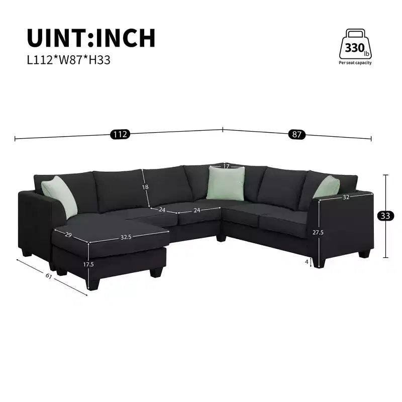 7-Seat Modular Sectional Sofa Set: L-Shape Fabric Corner Couch with Ottoman & 3 Pillows