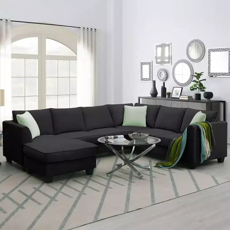 7-Seat Modular Sectional Sofa Set: L-Shape Fabric Corner Couch with Ottoman & 3 Pillows