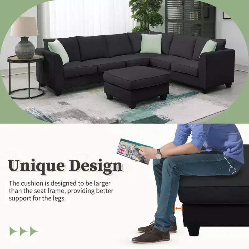 7-Seat Modular Sectional Sofa Set: L-Shape Fabric Corner Couch with Ottoman & 3 Pillows