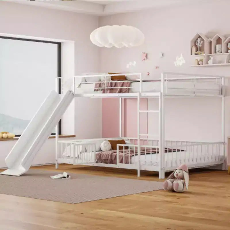 Full over Full Size Metal Bunk Bed with Slide and Guardrails, Black