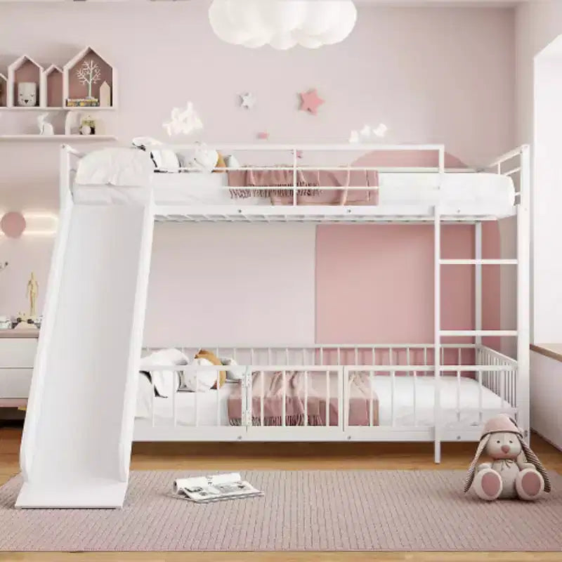 Full over Full Size Metal Bunk Bed with Slide and Guardrails, Black