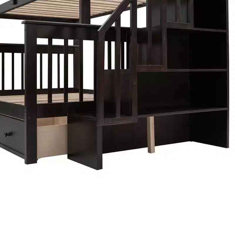 Twin-Over-Full Stairway Bunk Bed with Drawer, Storage and Guard Rail