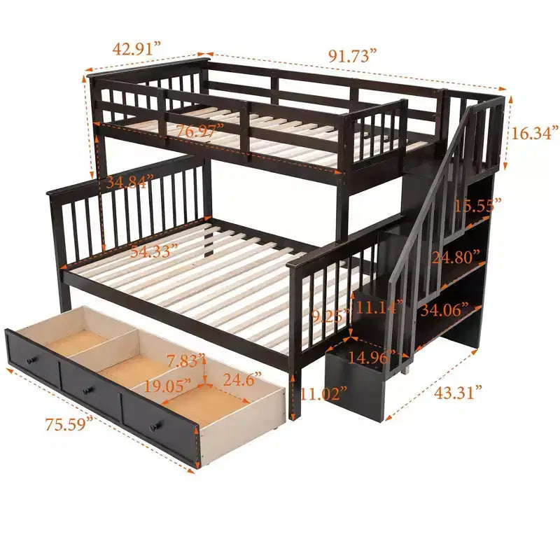 Twin-Over-Full Stairway Bunk Bed with Drawer, Storage and Guard Rail
