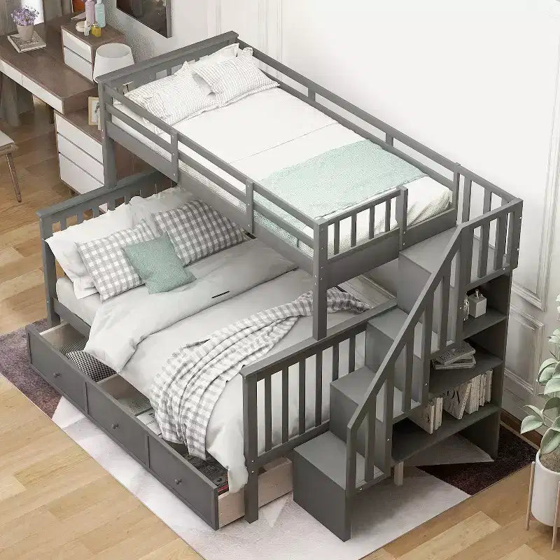Twin-Over-Full Stairway Bunk Bed with Drawer, Storage and Guard Rail