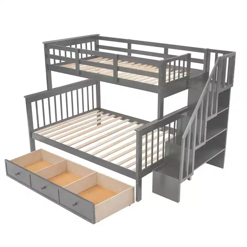Twin-Over-Full Stairway Bunk Bed with Drawer, Storage and Guard Rail