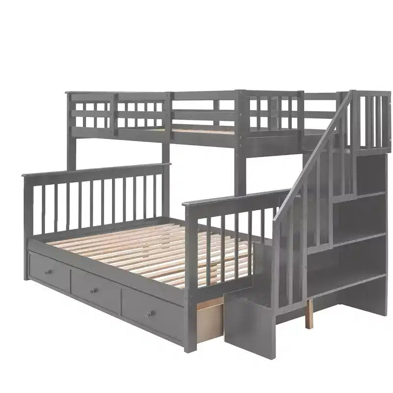 Twin-Over-Full Stairway Bunk Bed with Drawer, Storage and Guard Rail
