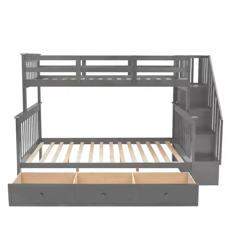 Twin-Over-Full Stairway Bunk Bed with Drawer, Storage and Guard Rail