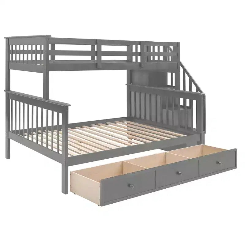 Twin-Over-Full Stairway Bunk Bed with Drawer, Storage and Guard Rail