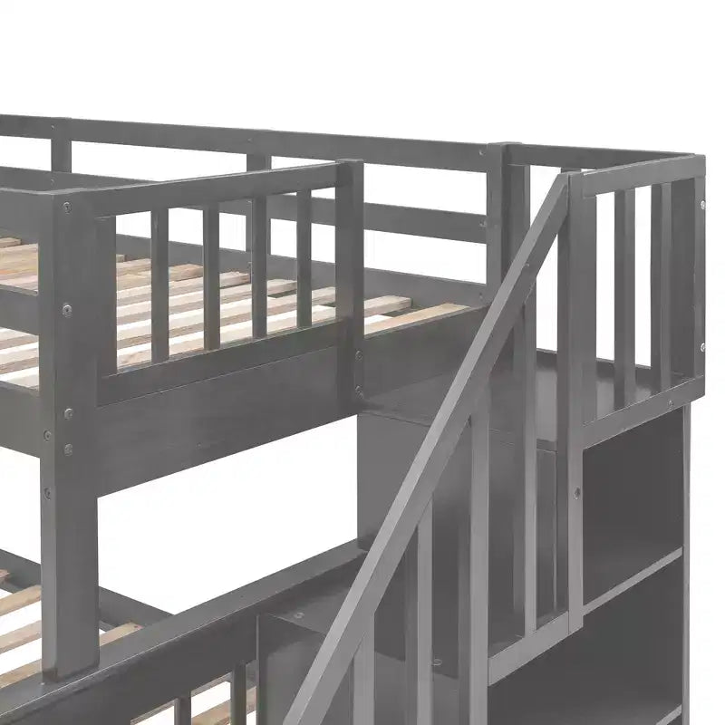 Twin-Over-Full Stairway Bunk Bed with Drawer, Storage and Guard Rail