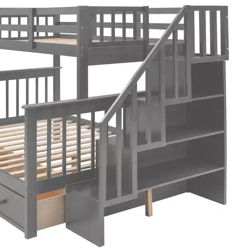 Twin-Over-Full Stairway Bunk Bed with Drawer, Storage and Guard Rail