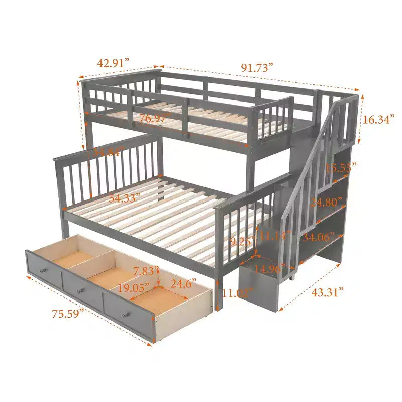 Twin-Over-Full Stairway Bunk Bed with Drawer, Storage and Guard Rail