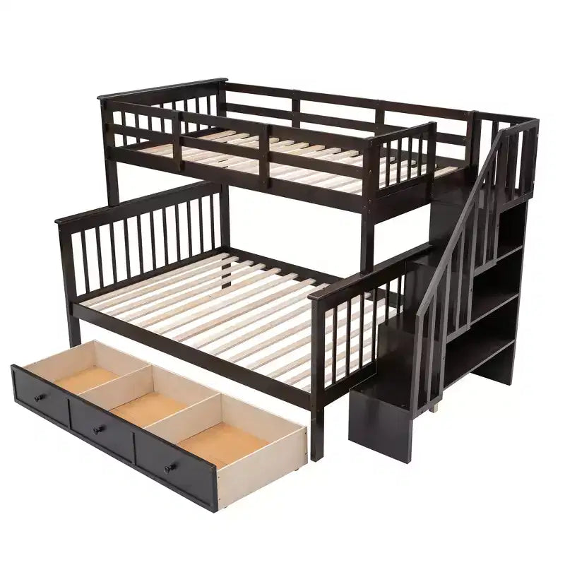 Twin-Over-Full Stairway Bunk Bed with Drawer, Storage and Guard Rail