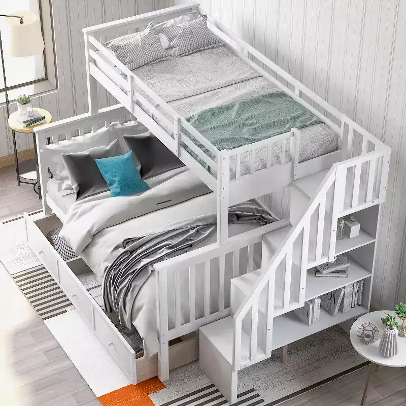 Twin-Over-Full Stairway Bunk Bed with Drawer, Storage and Guard Rail