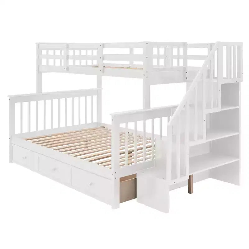Twin-Over-Full Stairway Bunk Bed with Drawer, Storage and Guard Rail