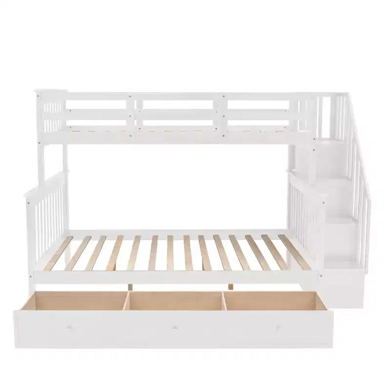 Twin-Over-Full Stairway Bunk Bed with Drawer, Storage and Guard Rail