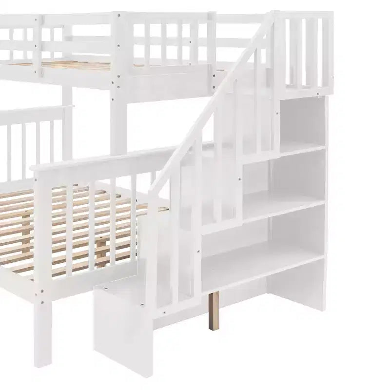 Twin-Over-Full Stairway Bunk Bed with Drawer, Storage and Guard Rail