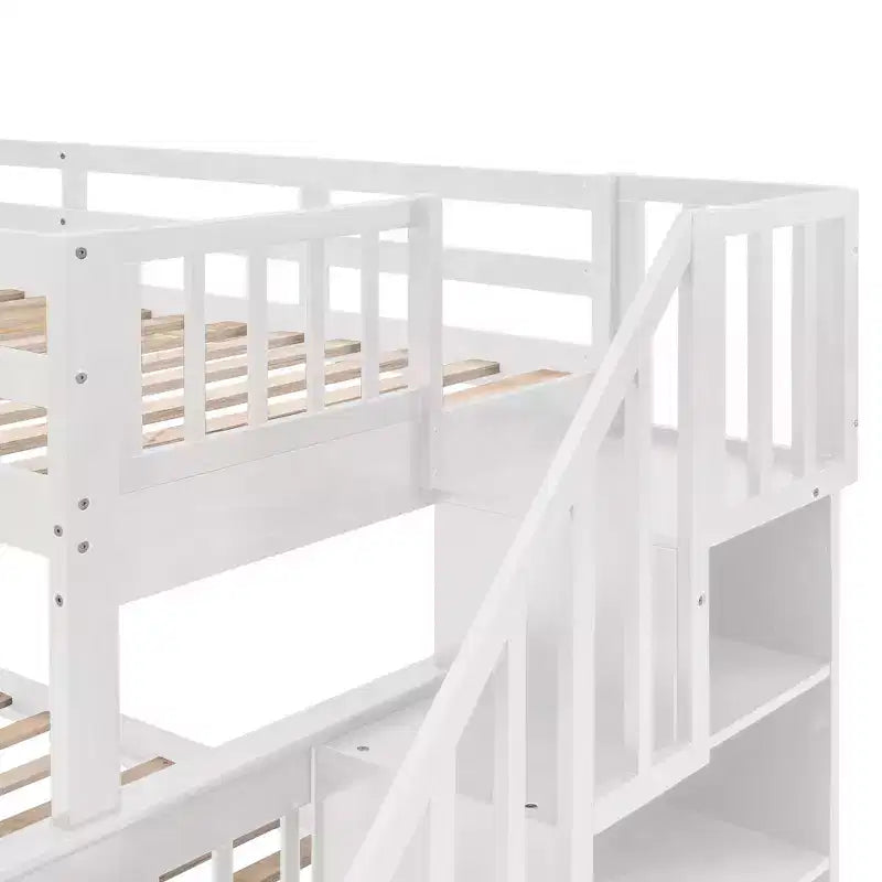 Twin-Over-Full Stairway Bunk Bed with Drawer, Storage and Guard Rail
