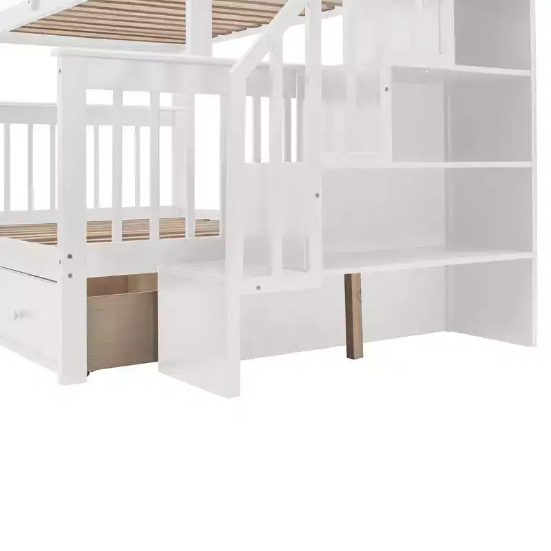 Twin-Over-Full Stairway Bunk Bed with Drawer, Storage and Guard Rail