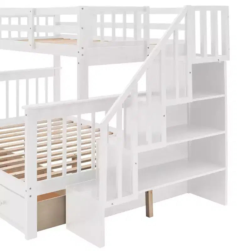 Twin-Over-Full Stairway Bunk Bed with Drawer, Storage and Guard Rail