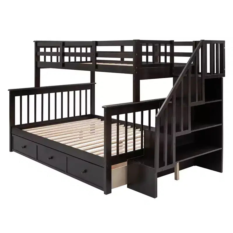 Twin-Over-Full Stairway Bunk Bed with Drawer, Storage and Guard Rail