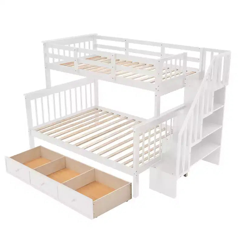 Twin-Over-Full Stairway Bunk Bed with Drawer, Storage and Guard Rail