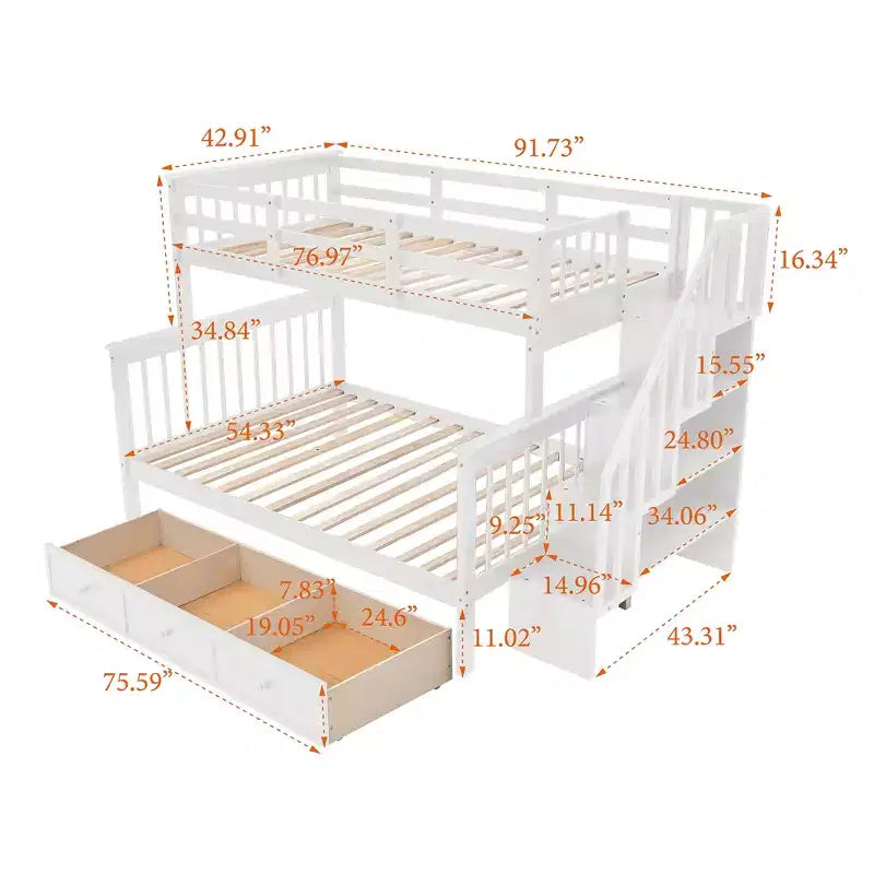 Twin-Over-Full Stairway Bunk Bed with Drawer, Storage and Guard Rail
