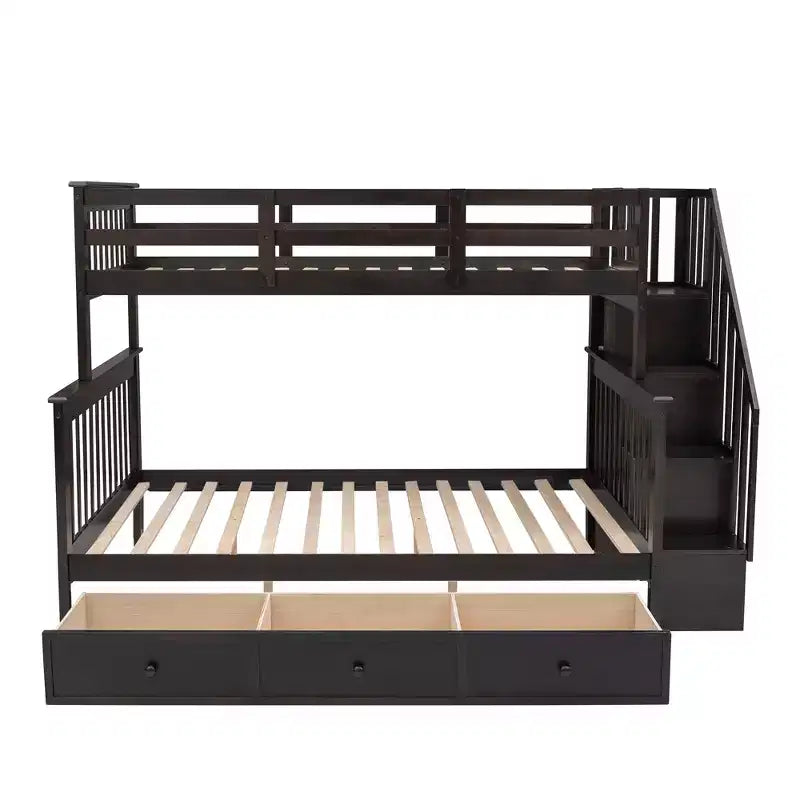 Twin-Over-Full Stairway Bunk Bed with Drawer, Storage and Guard Rail