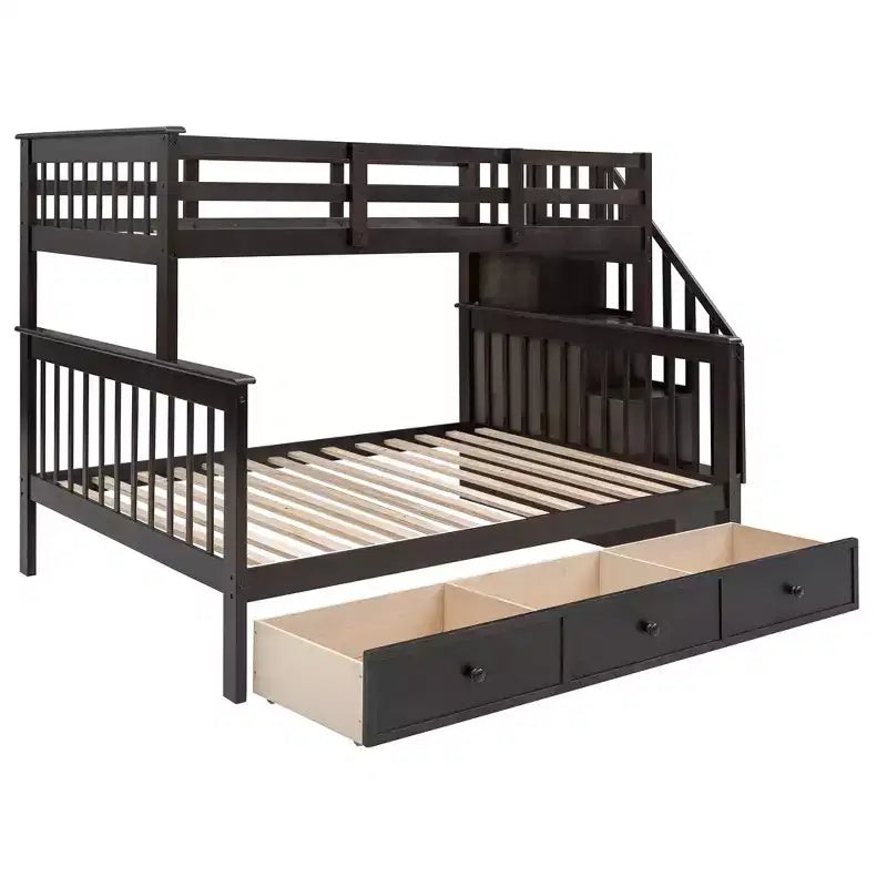 Twin-Over-Full Stairway Bunk Bed with Drawer, Storage and Guard Rail