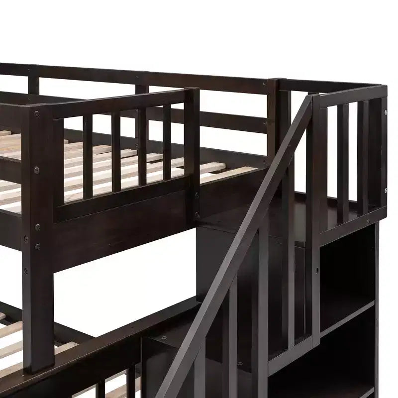 Twin-Over-Full Stairway Bunk Bed with Drawer, Storage and Guard Rail