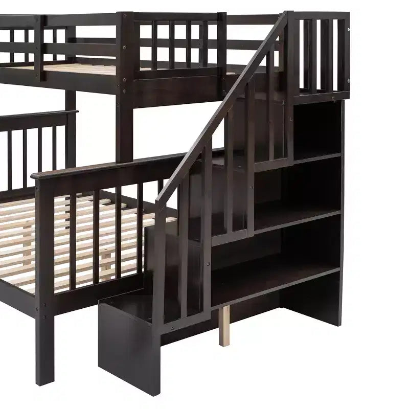 Twin-Over-Full Stairway Bunk Bed with Drawer, Storage and Guard Rail