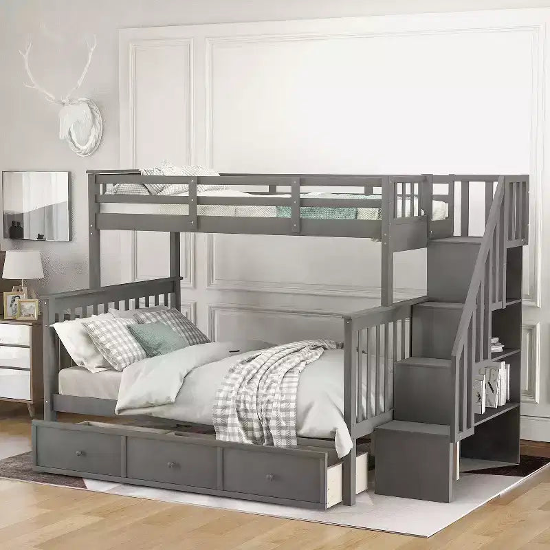 Twin-Over-Full Stairway Bunk Bed with Drawer, Storage and Guard Rail